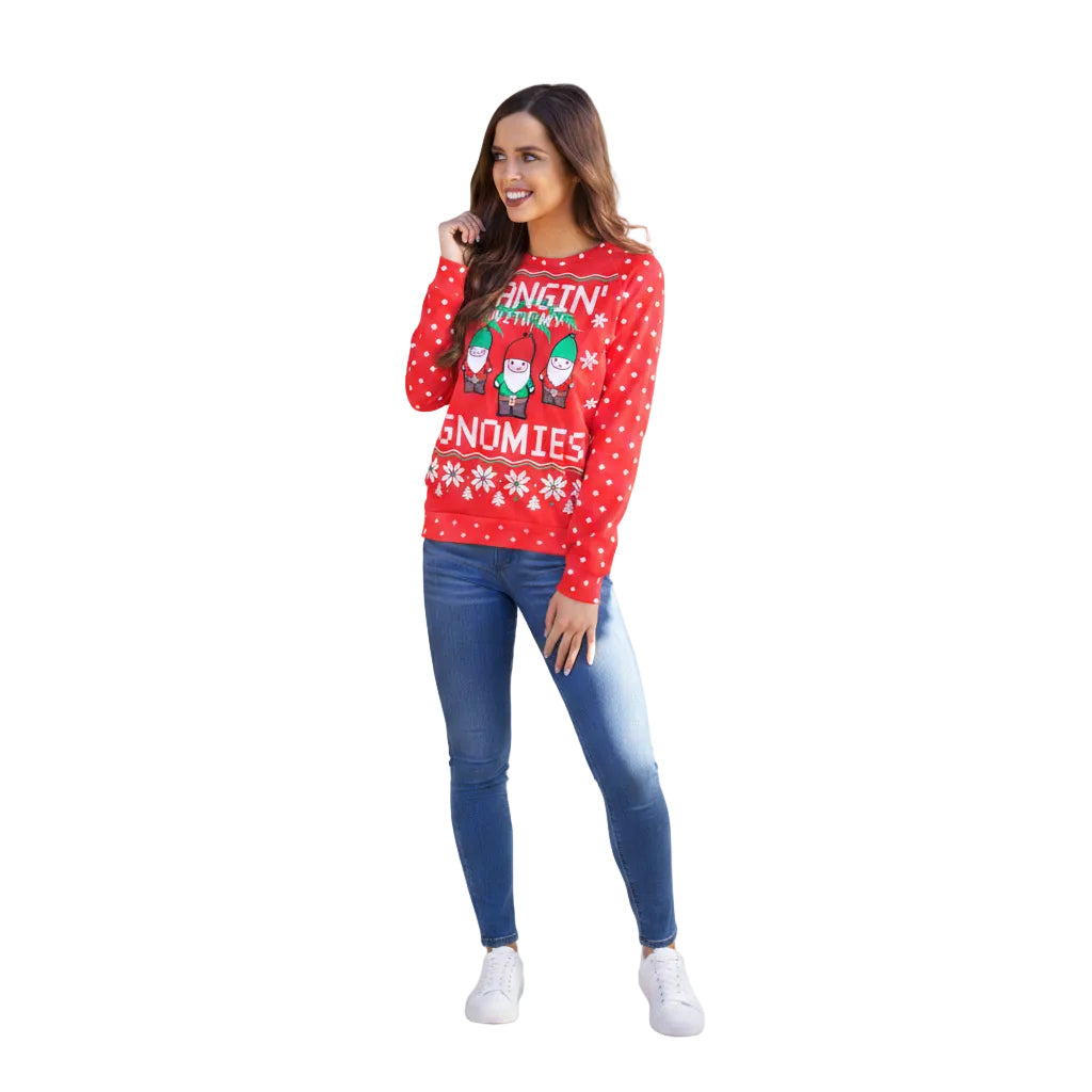 Side view of Red women's Christmas print sweater