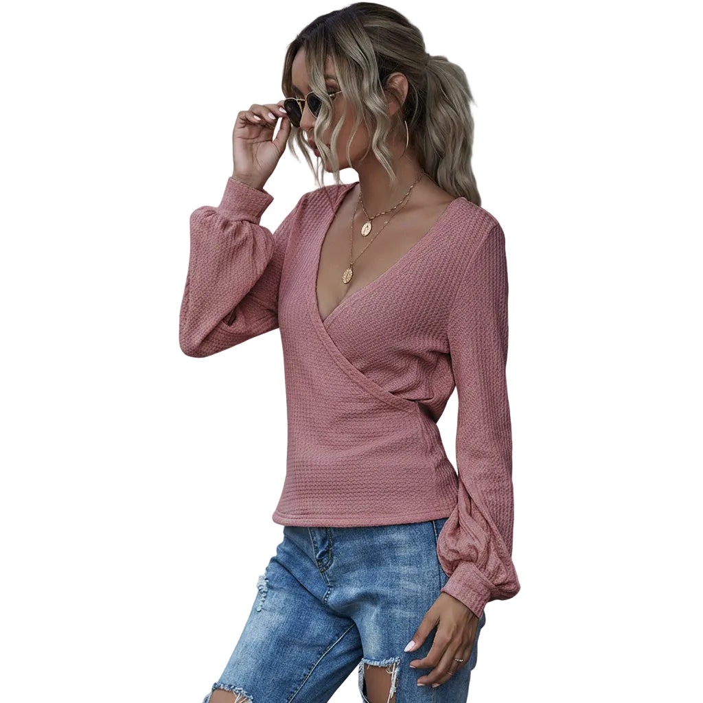 Women's v neck puff sleeve t shirt dusty rose back